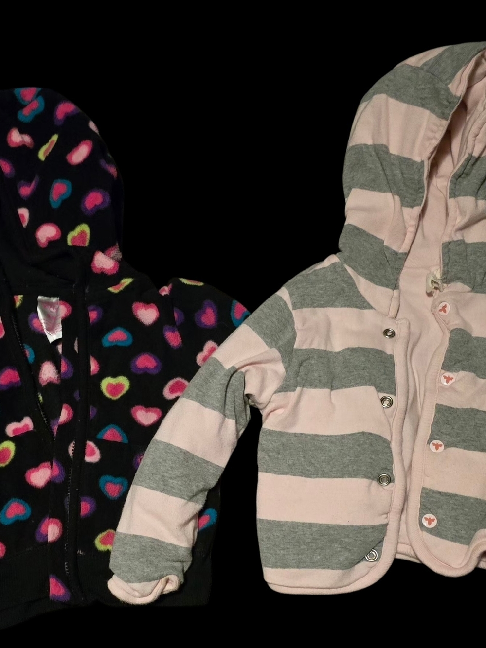 Girls Pink & Gray Striped Hooded Jacket and Black Heart Print Hoodie Set